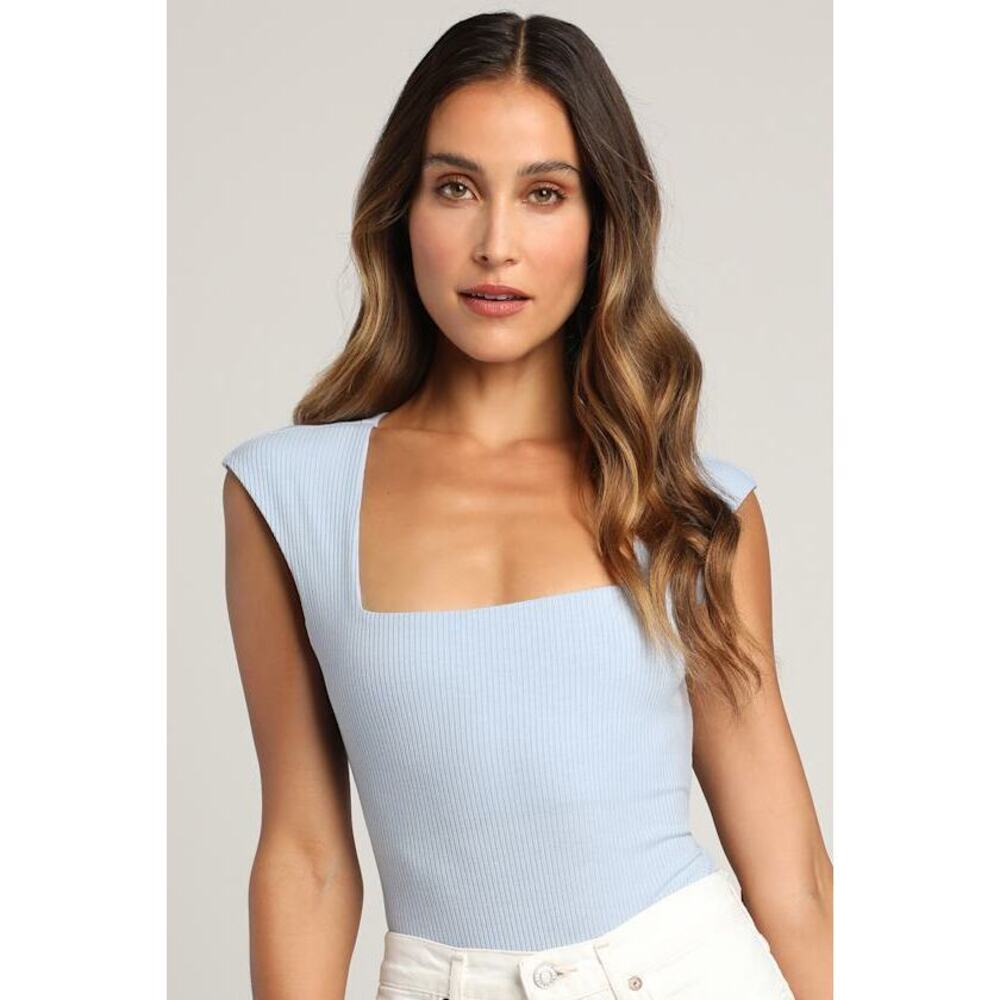 Lulus Sweet Crush Light Blue Ribbed Square Neck Bodysuit - Size XS